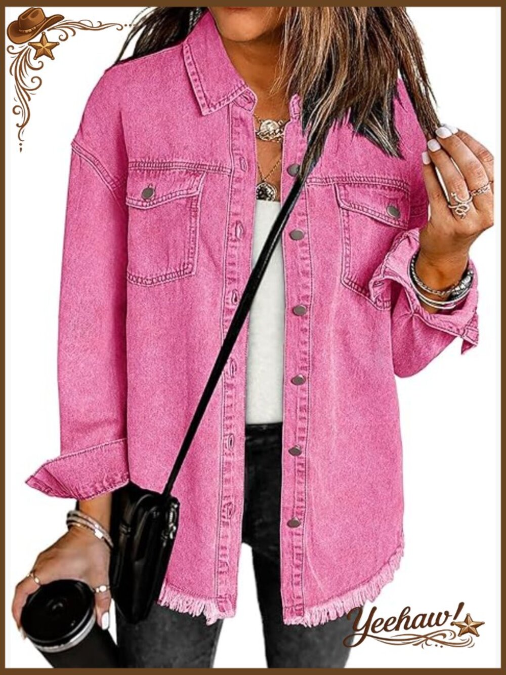 Oversized Denim Shacket Frayed Hem Button Down Long Sleeve